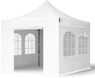 3x3 m Faltpavillon, PREMIUM Stahl 40mm, Seitenteile mit Sprossenfenstern, weiß