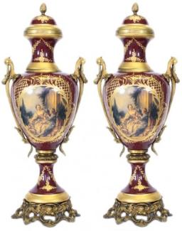 Casa Padrino Barock Porzellan Pokal Set Bordeaux Rot / Gold B26 H63 cm (2 Stück) - Grand Decor - Hotel Dekoration