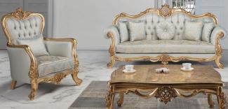 Casa Padrino Luxus Barock Wohnzimmer Set Hellblau / Türkis / Gold - 2 Sofas & 2 Sessel & 1 Couchtisch - Wohnzimmer Möbel im Barockstil - Edel & Prunkvoll