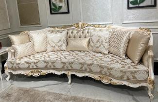 Casa Padrino Luxus Barock Sofa Gold / Weiß / Gold - Handgefertigtes Wohnzimmer Sofa mit elegantem Muster und dekorativen Kissen - Wohnzimmer Möbel im Barockstil