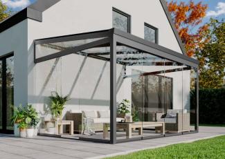 Terrando Gartenzimmer Basic mit Glasschiebewänden Wintergarten aus Metall in Grau Terrassenüberdachung Glasanbau