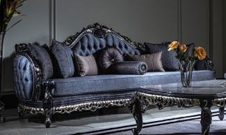 Casa Padrino Luxus Barock Sofa Blau / Gold - Handgefertigtes Wohnzimmer Sofa mit elegantem Muster und dekorativen Kissen - Prunkvolle Wohnzimmer Möbel im Barockstil
