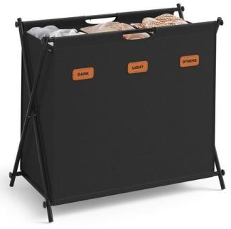 SONGMICS Wäschekorb, 135 Liter, 3 Fächer, klappbares X-Gestell, individuelle Etiketten, 600D Oxford-Gewebe, Stahl, Schwarz, 70 x 40 x 66 cm