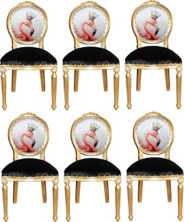 Casa Padrino Luxus Barock Esszimmer Set Flamingo mit Krone Gold / Schwarz / Mehrfarbig 48 x 50 x H. 98 cm - 6 handgefertigte Esszimmerstühle mit Bling Bling Glitzersteinen - Barock Esszimmermöbel