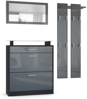 Vladon Garderobe Loret mini, Garderobenset bestehend aus 1 Schuhschrank, 1 Wandspiegel und 2 Garderobenpaneele, Schwarz matt/Grau Hochglanz