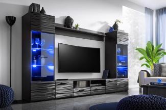 Wohnwand Modica, LED-Beleuchtung mit Fernbedienung (15 veränderbare Farben, 4 Programme), Farbe: Schwarz / Sahara Hochglanz