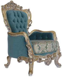 Casa Padrino Luxus Barock Sessel Blau / Gold - Handgefertigter Barockstil Wohnzimmer Sessel mit elegantem Muster - Barock Wohnzimmer Möbel