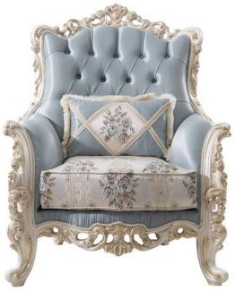 Casa Padrino Luxus Barock Wohnzimmer Sessel mit dekorativem Kissen Hellblau / Creme / Weiß / Gold 97 x 90 x H. 120 cm - Edle Barock Wohnzimmer Möbel