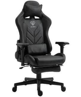 Gaming Stuhl mit Fußstütze und ergonomsichen 4D-Armlehnen gaming chair in ergonomischer Sportsitz Optik Gamer Stuhl mit verstellbaren Rückenstützkissen Bürostuhl Schwarz