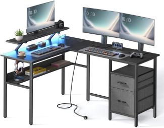 VASAGLE L-förmiger Schreibtisch mit Steckdosen, Eckschreibtisch, Computertisch, Monitorständer, Gaming-Tisch, LED-Beleuchtung, USB-Anschlüsse, einfache Montage, Homeoffice, ebenholzschwarz von SONGMICS