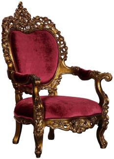 Casa Padrino Luxus Barock Wohnzimmer Sessel Bordeauxrot / Antik Gold - Prunkvoller Thron Sessel mit edlen Verzierungen - Handgefertigte Barock Wohnzimmer Möbel