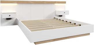 MeraxMerax Bettanlage Holzbett 180x200 Doppelbett mit 2 LED Nachtkommoden & 1 USB & 1 Type C & 1 Steckdose & Lattenrost Beige & Weiß