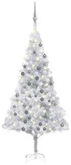 vidaXL Künstlicher Weihnachtsbaum mit LEDs & Kugeln Silbern 180cm PET, Mit Beleuchtung [3077696]