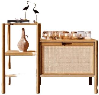 Bücherregal Zola Wildeiche massiv und Rattan 115x86 cm mit 1 Tür 2 offene Fächer