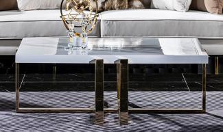 Casa Padrino Luxus Couchtisch Weiß / Gold 120 x 80 x H. 45 cm - Rechteckiger Wohnzimmertisch mit Massivholz Tischplatte und Metallbeinen - Wohnzimmer Möbel - Luxus Möbel - Hotel Möbel