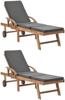 2er Set Sonnenliegen aus Teak mit Dunkelgrauen Polstern