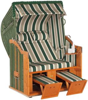 Sonnenpartner Strandkorb Classic 2-Sitzer Halbliegemodell grün/beige mit 2 Nackenrollen und Staufach