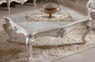 Casa Padrino Luxus Barock Couchtisch Antik Silber / Weiß / Silber - Prunkvoller Wohnzimmertisch im Barockstil - Luxus Wohnzimmer Möbel im Barockstil - Barock Möbel - Barock Wohnzimmer Einrichtung