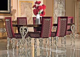 Casa Padrino Luxus Barock Esszimmer Set Braun / Bordeauxrot / Antik Silber - 1 Barock Esstisch & 6 Barock Esszimmerstühle - Luxus Esszimmer Möbel im Barockstil - Luxus Qualität - Made in Italy