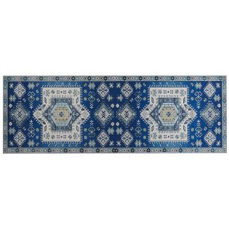 Teppich blau beige orientalisches Muster 80 x 200 cm Kurzflor PARVAKADLI