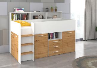 Domando Hochbett Talamone Modern Breite 206cm, mit integrierten Schränken, Schreibtisch und Regal in Weiß Matt und Artisan Eiche