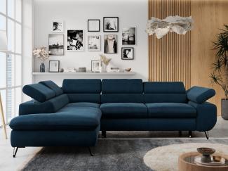 Ecksofa mit Bettfunktion, Modern Sofa, L-form, Einstellbare Kopfstützen, Bettkasten - PETER - Dunkelblau Velours - Topper T25 - links