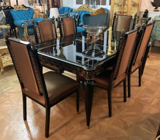 Casa Padrino Luxus Barock Esszimmer Set Gold / Schwarz - 1 ausziehbarer Barock Esstisch & 6 Barock Esszimmerstühle - Barock Esszimmer Möbel - Luxus Möbel im Barockstil - Edel & Prunkvoll