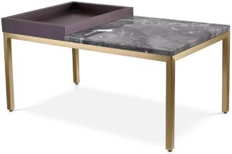 Casa Padrino Luxus Beistelltisch Messing / Braun / Grau 70 x 40 x H. 35 cm - Rechteckiger Messing Tisch mit Walnuss Furnier und Marmorplatte - Wohnzimmer Möbel - Luxus Möbel - Luxus Einrichtung