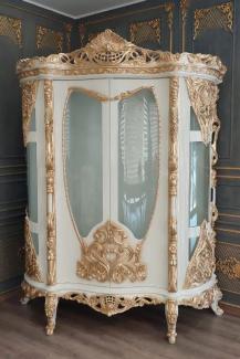 Casa Padrino Luxus Barock Vitrine Weiß / Gold - Prunkvoller Massivholz Vitrinenschrank mit 2 Glastüren - Handgefertigte Barock Möbel