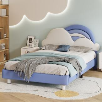 Merax 140x200cm Doppelbett, Polsterbett mit kuscheligem Regenbogenwolken-Kopfteil, Holzlattenrost, PU, Blau