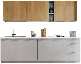 Küchenzeile Eurybia 260 (Farbe: Weiß / Grau Platin + Eiche Burlington + Piemonte, ohne Beleuchtung)