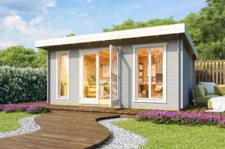 Lasita Maja Gartenhaus Dorset Gartenhaus aus Holz in Silber Holzhaus mit 34 mm Wandstärke Blockbohlenhaus