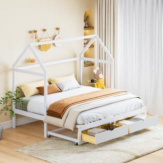 Merax Ausziehbares Bett, Schlafsofa 90/180 x 190 cm mit Schubladen und Lattenrost, Bett aus Kiefernholz mit Stauraum, weiß
