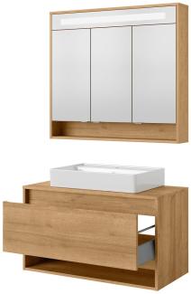 Fackelmann NATURA Badmöbelset 3-teilig, Keramikbecken, LED Spiegelschrank, 94 cm breit, Braun hell