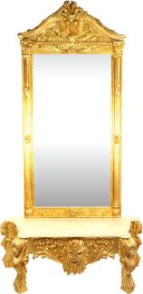 Große Casa Padrino Barock Spiegelkonsole Gold mit Marmorplatte Grimasse 140 x 50 x H250 cm - Spiegel Konsole - Eyecatcher