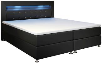 Juskys 'Montana' Boxspringbett mit LED-Beleuchtung, Bonellfederkern-Matratze und Topper, Kunstleder schwarz, 140 x 200 cm