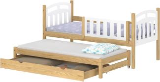 WNM Group Kinderbett Ausziehbar mit Rausfallschutz Suzie - aus Massivholz - Ausziehbett für Mädchen und Jungen - Bett mit Schublade - Funktionsbett 160x80 / 150x80 cm - Natürliche Kiefer