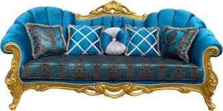 Casa Padrino Luxus Barock Sofa Türkismuster / Gold 220 x 90 x H. 110 cm - Prunkvolles Wohnzimmer Sofa mit Glitzersteinen und dekorativen Kissen