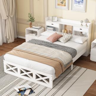 Merax Holzbett mit Paneelen, Doppelbett mit Holz Lattenroste, mit Aufbewahrungsfunktion, MDF + Mehrschichtplatte, Weiß, 140x200cm