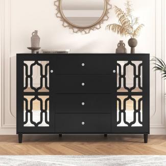 Merax Sideboard mit Spiegelelementen und geometrischem Trellis-Muster, Kommode mit vier Schubladen und Spiegelfront,Anrichte,Breite:147cm