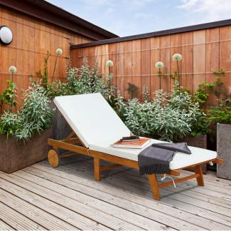 COSTWAY Sonnenliege Holz, Gartenliege verstellbare Rückenlehne mit Rollen und Kissen, Strandliege für Garten, Rasen und Terrasse
