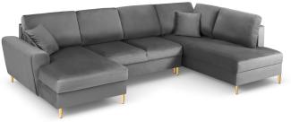 Micadoni 7-Sitzer Samtstoff Panorama Sofa Rechts mit Box und Schlaffunktion Moghan | Bezug Light Grey | Beinfarbe Gold M.