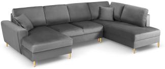 Micadoni 7-Sitzer Samtstoff Panorama Sofa Rechts mit Box und Schlaffunktion Moghan | Bezug Light Grey | Beinfarbe Gold M...