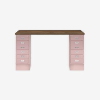 MultiDesk, 2 MultiDrawer mit 6 Schüben, Dekor Nussbaum, Farbe Pastellpink, Maße: H 740 x B 1400 x T 600 mm