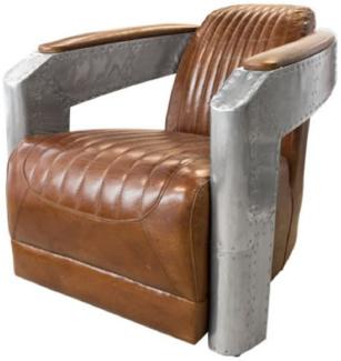 Casa Padrino Art Deco Aluminium Echtleder Sessel Braun / Silber 74,5 x 94 x H. 78 cm - Club Sessel - Lounge Sessel - Flugzeug Flieger Möbel