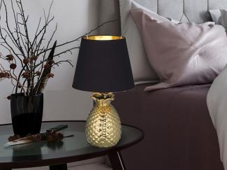 LED Tischleuchte Keramik Ananas Gold mit Stoffschirm Schwarz Gold, Höhe 43cm