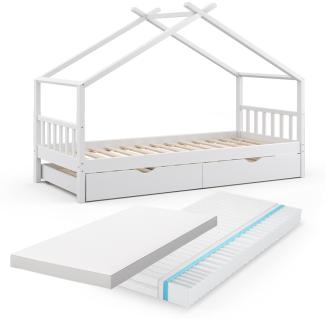 VitaliSpa 'Design' Hausbett 90x200, weiß, Kiefer massiv, inkl. Matratze, Gästematratze, Lattenrost und Gästebettschublade