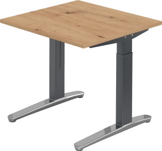 bümö® Design Schreibtisch XB-Serie höhenverstellbar, Tischplatte 80 x 80 cm in Asteiche, Gestell in graphit/alu poliert