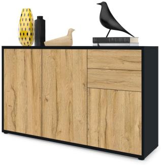 Vladon Sideboard Ben V3, Kommode mit 3 Türen und 2 Schubladen, Schwarz matt/Eiche Natur (117 x 74 x 36 cm)