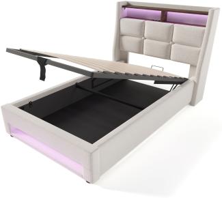 Merax Polsterbett, Baumwolle-Leinen Bezug Stauraumbett mit USB-Anschluss + LED 90x200cm, beige